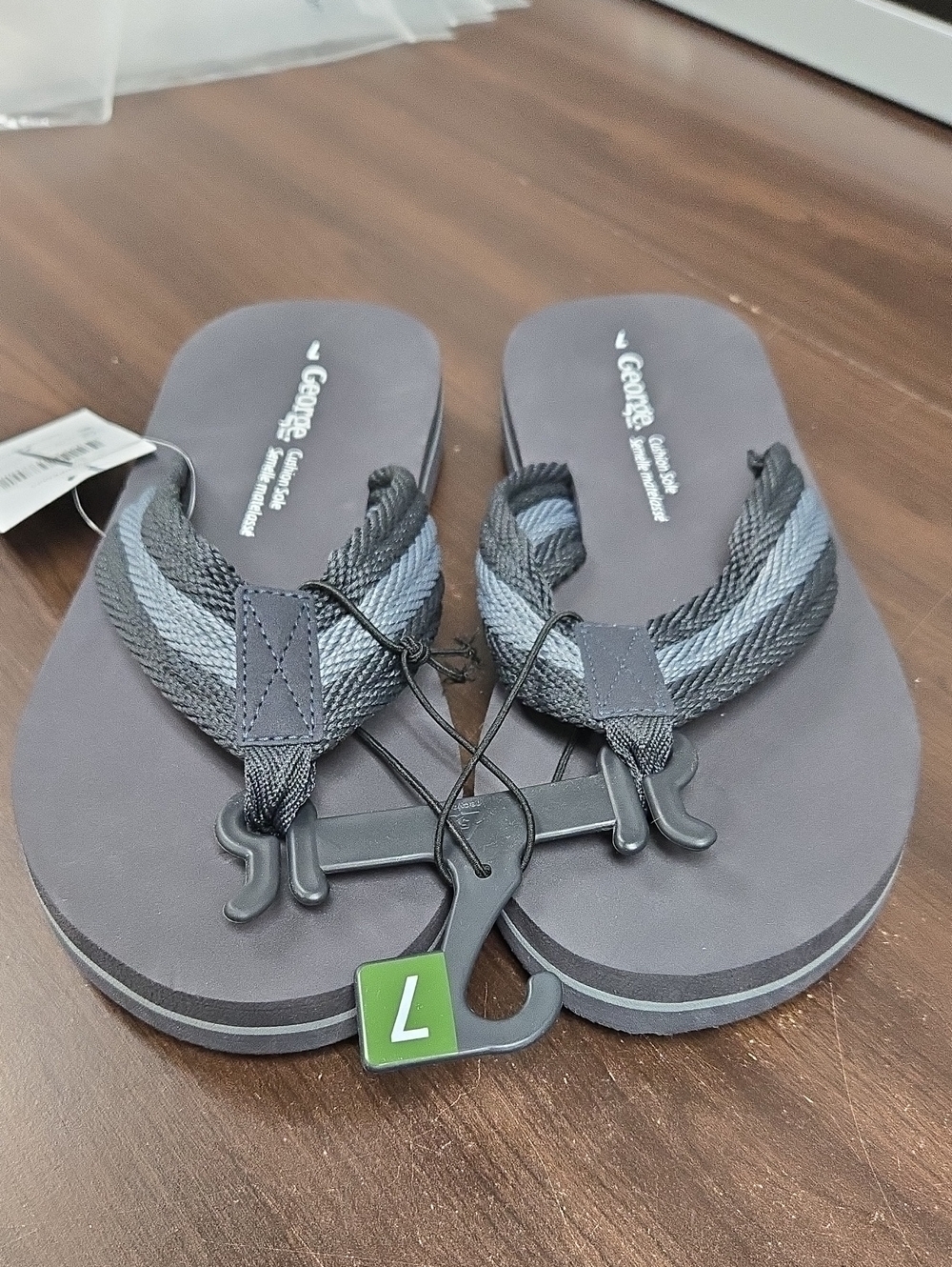 George Size 7 Black and Grey Striped Thong Style Flip Flop Sandal